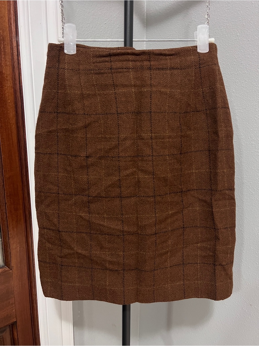 Vintage 90s Brown Plaid Wool Pencil Skirt 24" Waist XS
